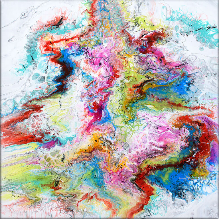 Store farverige abstrakte akryl malerier er tidsløst og holdbart moderne kunst til stuen - Fusion IV 100x100 cm