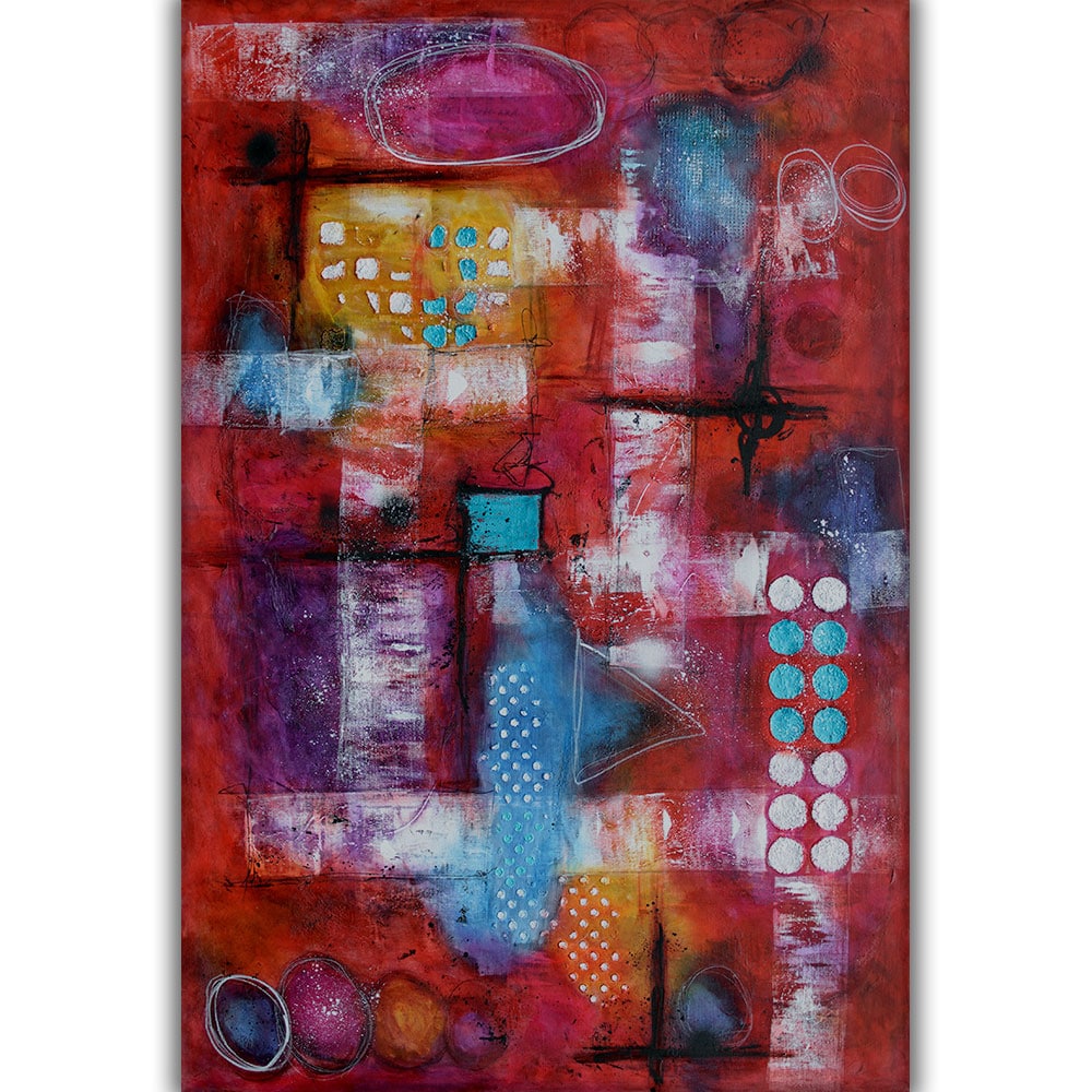 Stort flot farverigt maleri i moderne abstrakt design med røde blå lilla og orange farver Intuition I 150x100 cm