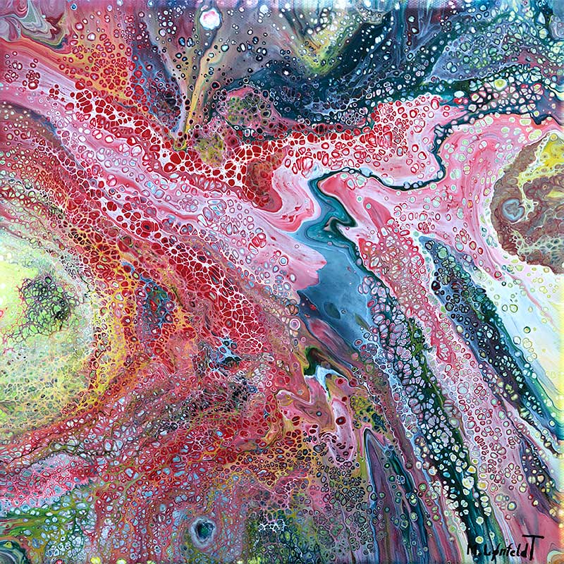 Abstrakt maleri med drømmende motiv i røde og gule farver Lucidity I 30x30 cm