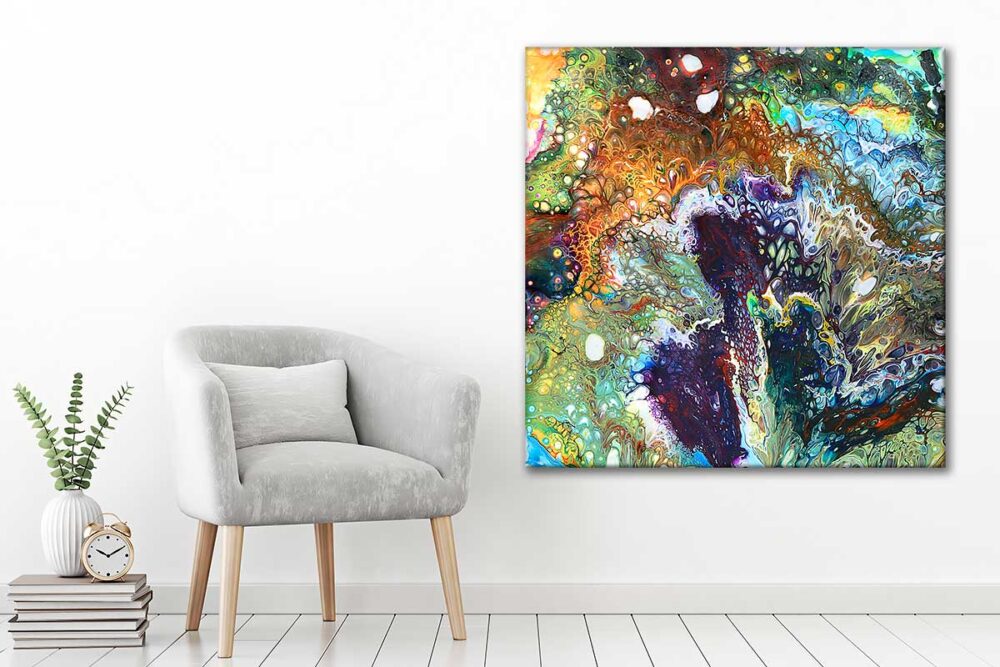 Farverigt lærredsbillede med kunst i dejlige farver til væggen i hjemmet Inspire I 100x100 cm