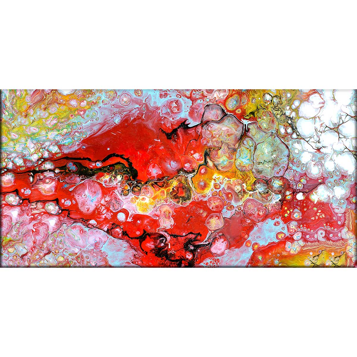 Kunst print på hør lærred i flotte røde og lyseblå farver Essence I 70x140 cm