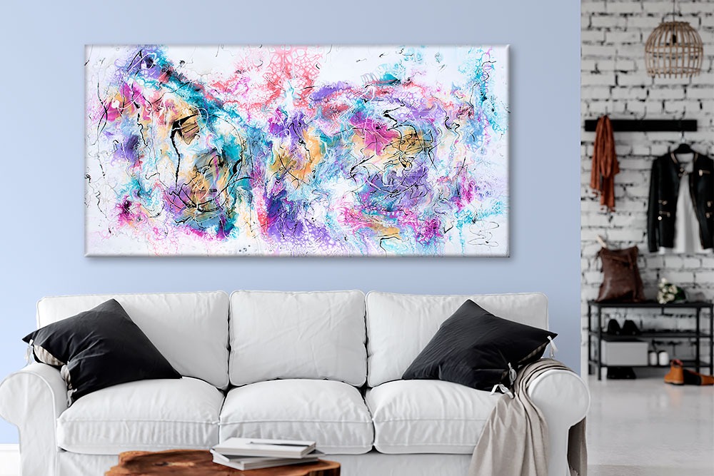 Akryl maleri med trendy farver til stuen Transparency III 70x140 cm