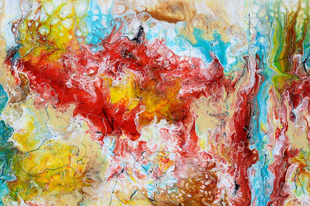 Detaljer fra et farverigt abstrakt maleri Pulse III 70x140 cm