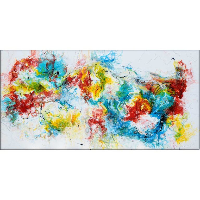 Stort maleri i røde blå og gule farver til væggen Pulse IV 70x140 cm