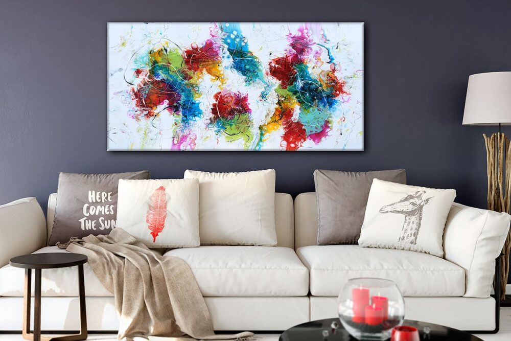 Abstrakt maleri i dejlige farver til væggen over sofaen Stellar I 70x140 cm
