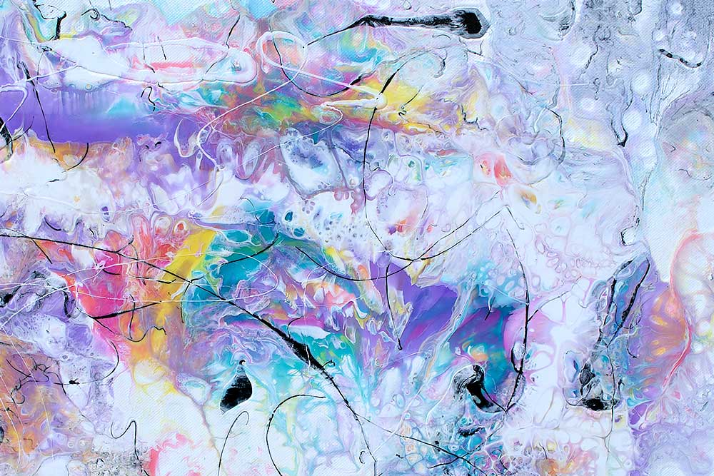 Detaljer af et moderne kunstmaleri i flotte pastelfarver Transparency IV 100x100 cm