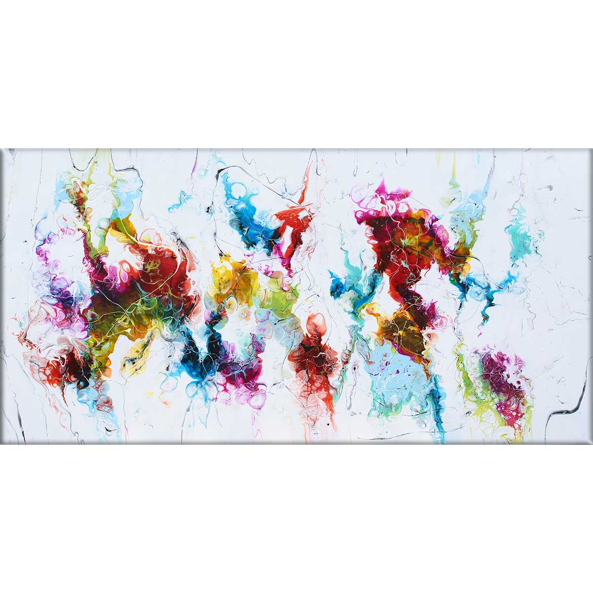 Stort abstrakt maleri i flotte stærke farver til hjemmet Stellar IV 70x140 cm