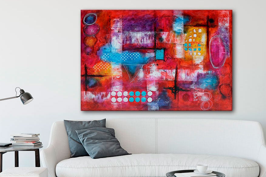 Lærredstryk med røde farver til væggen Intuition I 100x150 cm