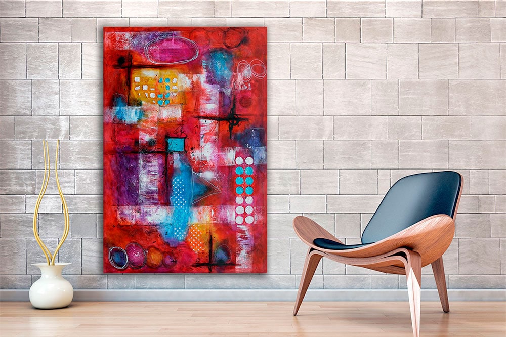 Lærredstryk med rødt kunstmotiv Intuition I 100x150 cm