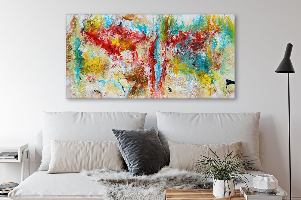 Farverigt abstrakt maleri til dagligstuen Pulse III 70x140 cm