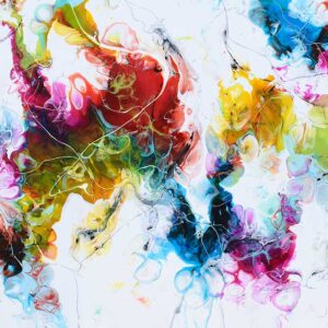 Smukke detaljer fra et stort abstrakt maleri i stærke farver Stellar IV 70x140 cm