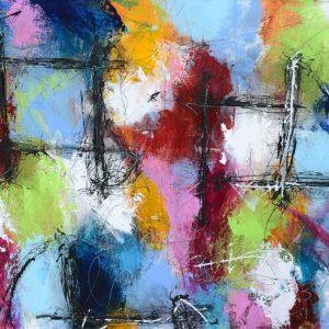 Udsnit af et akryl maleri med aktuelle farver i moderne stil Haze I 70x140 cm