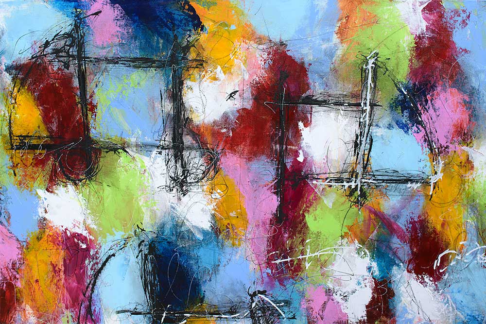 Udsnit af et akryl maleri med aktuelle farver i moderne stil Haze I 70x140 cm
