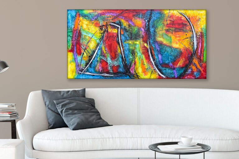 Billeder til væggen – store billeder i stue med sofa og god vægplads