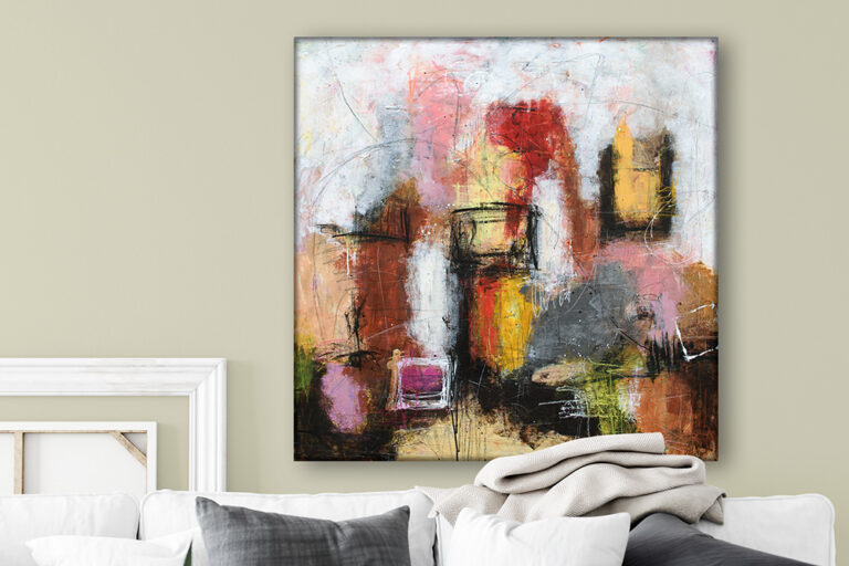 Kunstmalerier 100x100 cm er velegnede over en stor sofa i stuen, hvor størrelsen giver markant tilstedeværelse på væggen