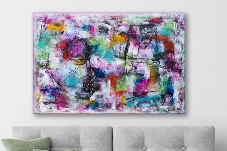 Malerier 100x150 cm fungerer godt horisontalt over en bred sofa, hvor det aflange format giver mere fylde på væggen