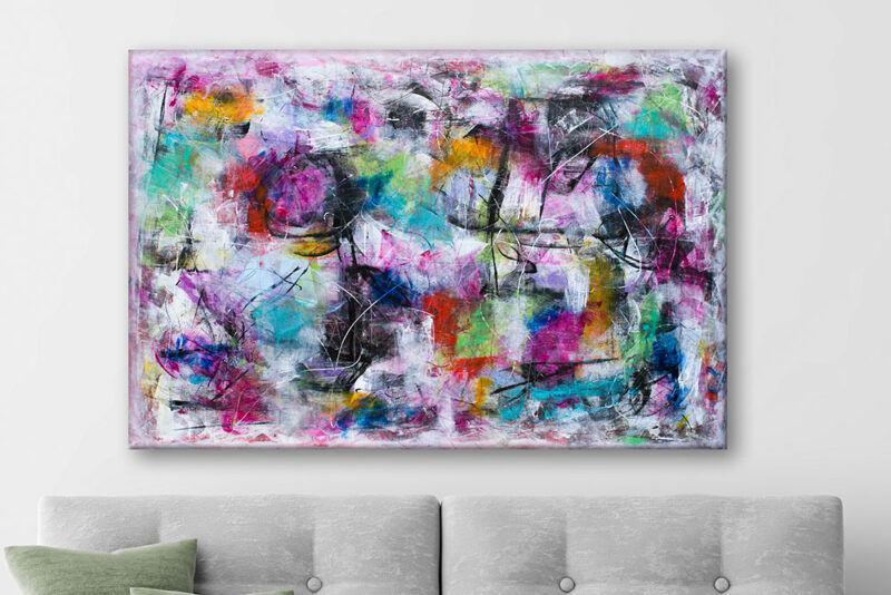 Malerier 100x150 cm fungerer godt horisontalt over en bred sofa, hvor det aflange format giver mere fylde på væggen