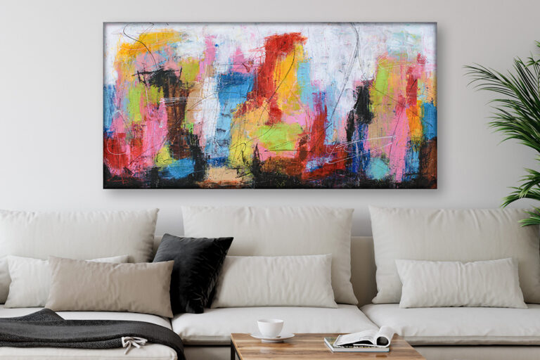Kunstmalerier 70x140 cm er velegnede i sofastuen, hvor længden giver en rolig og afstemt virkning på væggen