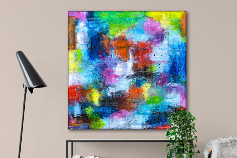 Malerier 80x80 cm fungerer godt over et bord i entréen, hvor det kvadratiske format står roligt og centralt på væggen