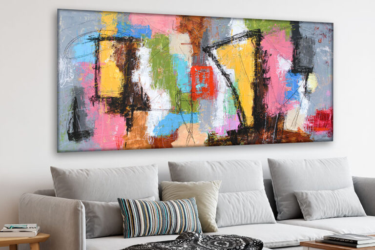Malerier i 100x200 cm fungerer godt horisontalt over en lang sofa, hvor panoramaformatet giver ro og markant bredde på væggen