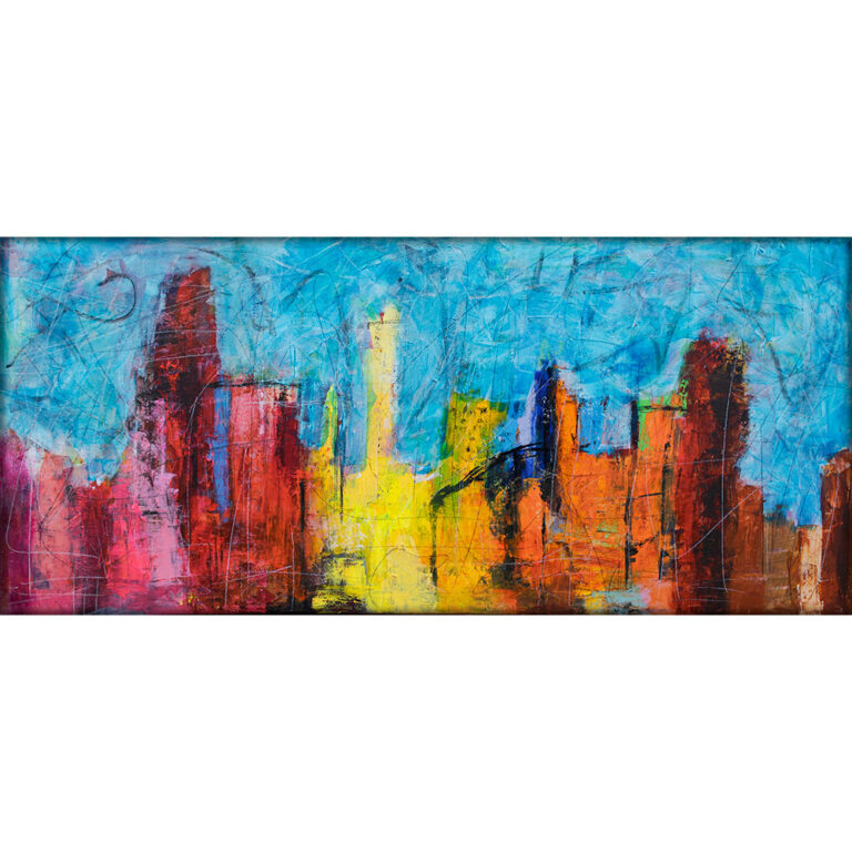 Stort by maleri Skyline V – abstrakt akrylmaleri af New York skyline i varme farver på lærred – af Michael Lønfeldt