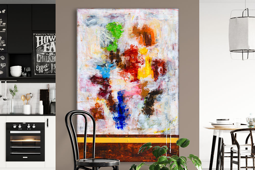 Farverigt maleri Esprit I af Michael Lønfeldt. Demonstrerer hvordan farver i abstrakt kunst kan forme rummets stemning og skabe liv.