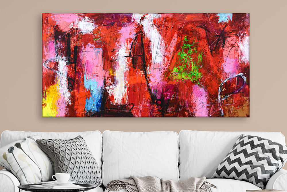 Abstrakt maleri Heat I i varme røde nuancer. Viser hvordan farver i kunstværker påvirker stemningen og kan skabe energi i rummet.