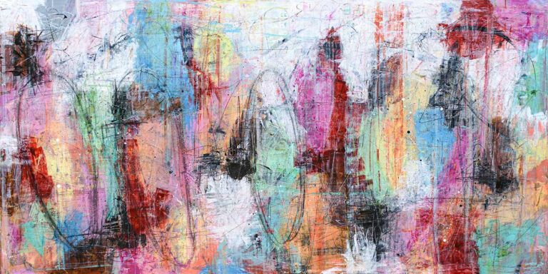 Håndmalede malerier med akryl, tydelig lagopbygning og markant farvespil