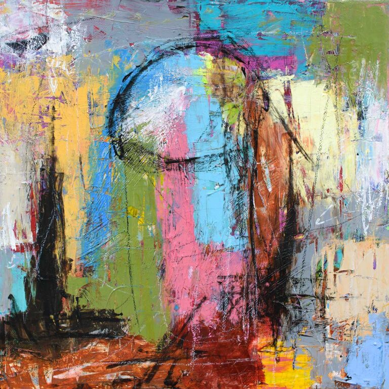 Lille maleri af Michael Lønfeldt med koncentreret farveenergi og tydelig lagstruktur, anbefalet til mindre vægge hvor udtrykket skal opleves på nært hold