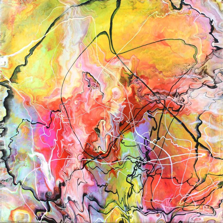 Maleri på lærred med flydende bevægelser i gule, orange og rosa toner, gennemskåret af tynde sorte og hvide linjer, hvor lag og let ujævn lærredsstruktur skaber dybde og et levende, organisk udtryk.