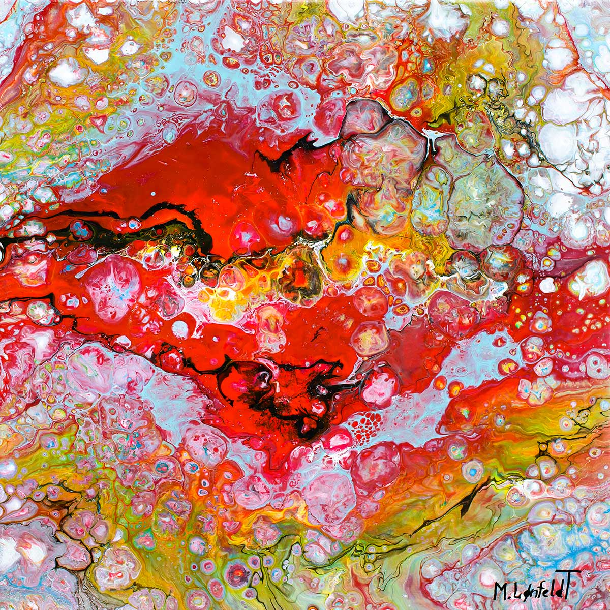 Malerier på jævnt italiensk lærred med roligere overflade, lagbyggede farveforløb og et samlet udtryk, der giver dybde uden visuel uro