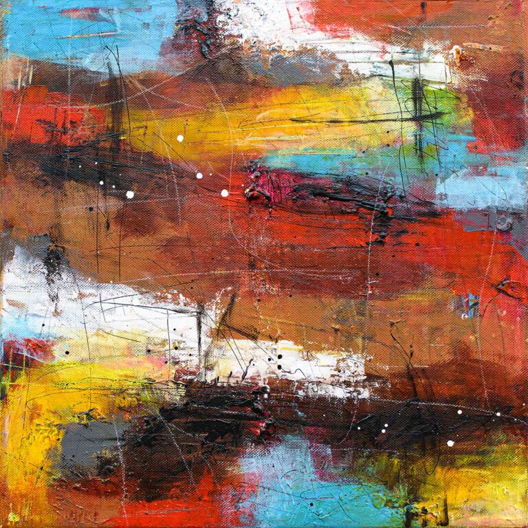 Malerier til stuen i flotte, stærke farver med tydeligt motiv og kraftig struktur, der fungerer som visuelt fokuspunkt på væggen