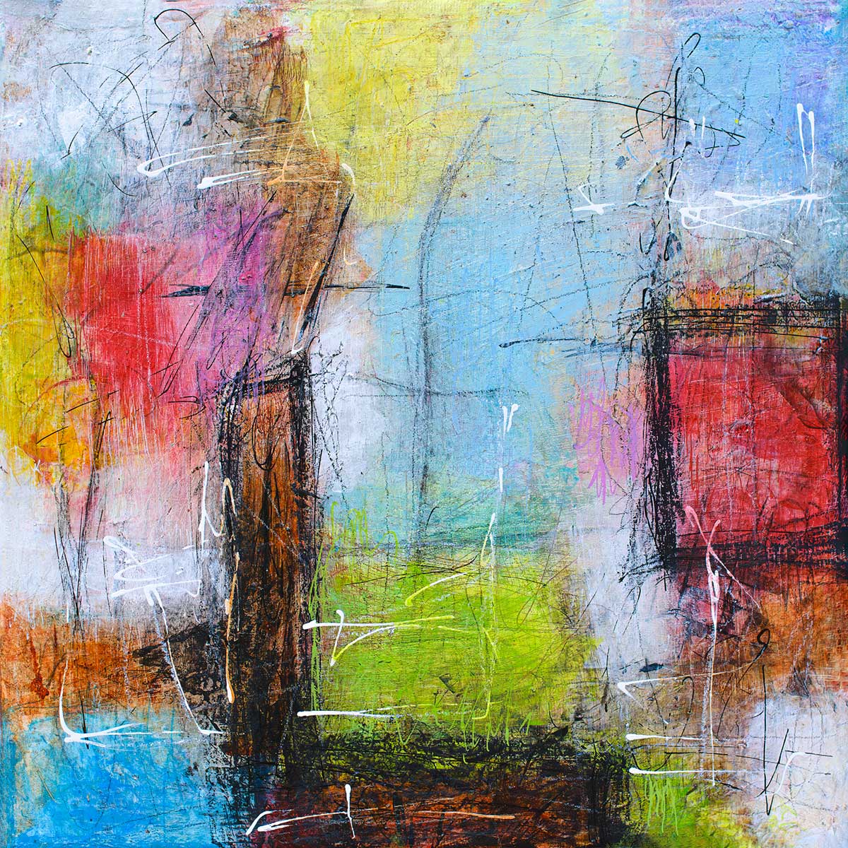 Malerier til stuen med rolige farveforløb og dyb struktur, der samler indretningen og giver stuen et stabilt visuelt udtryk