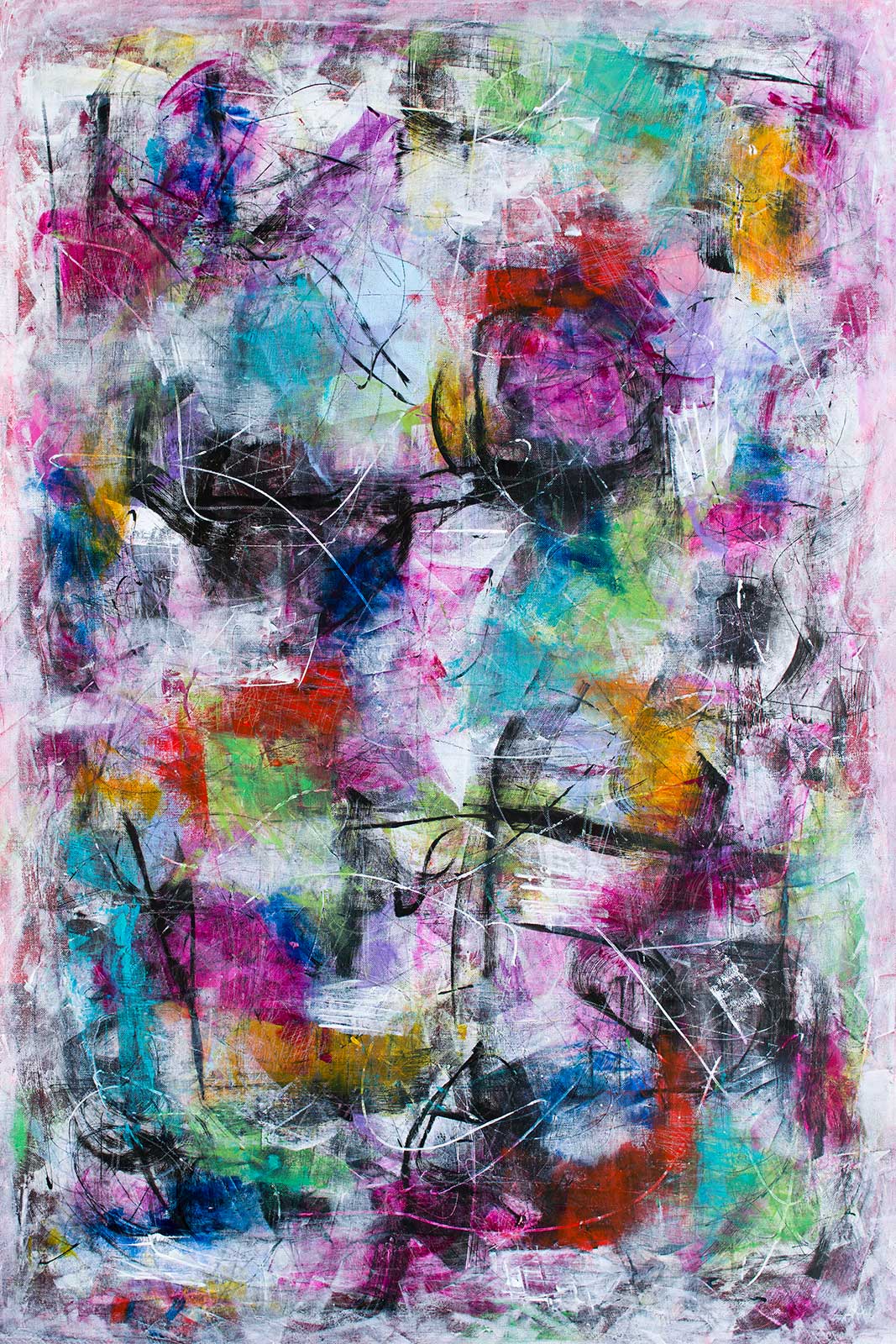 Store malerier af Michael Lønfeldt samler stuen visuelt og skaber stemning