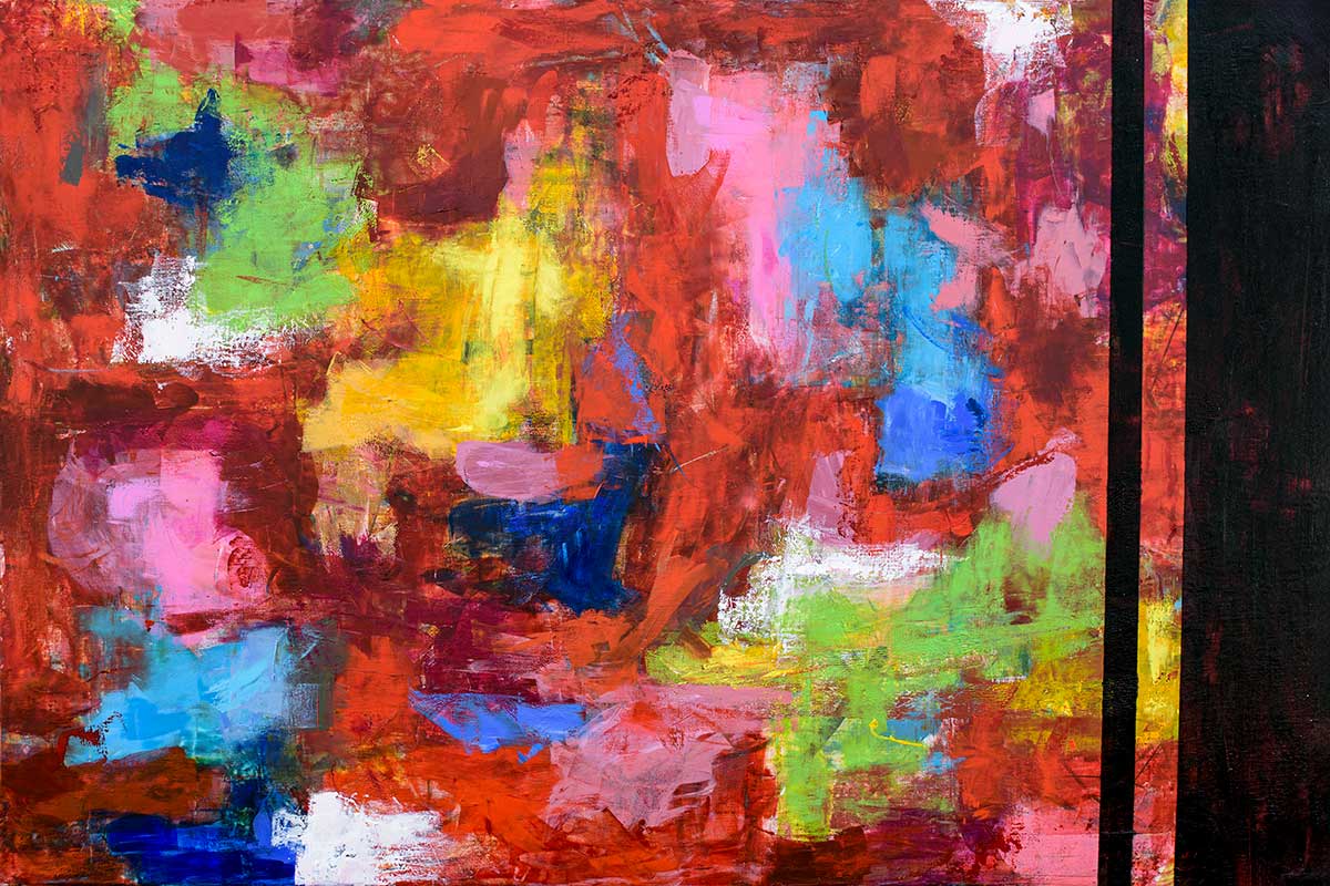 Stort maleri på lærred med tætte røde og blå farvefelter, opbygget med tydelige pensel- og spartelspor, hvor den kraftige lærredsstruktur giver maleriet tyngde, energi og et markant fysisk nærvær.