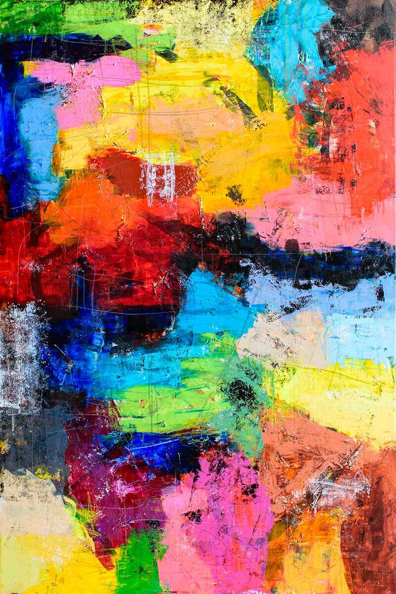 Stort maleri til stuen med markante farver og balanceret komposition, der samler rummet visuelt og fungerer som naturligt fokuspunkt på væggen