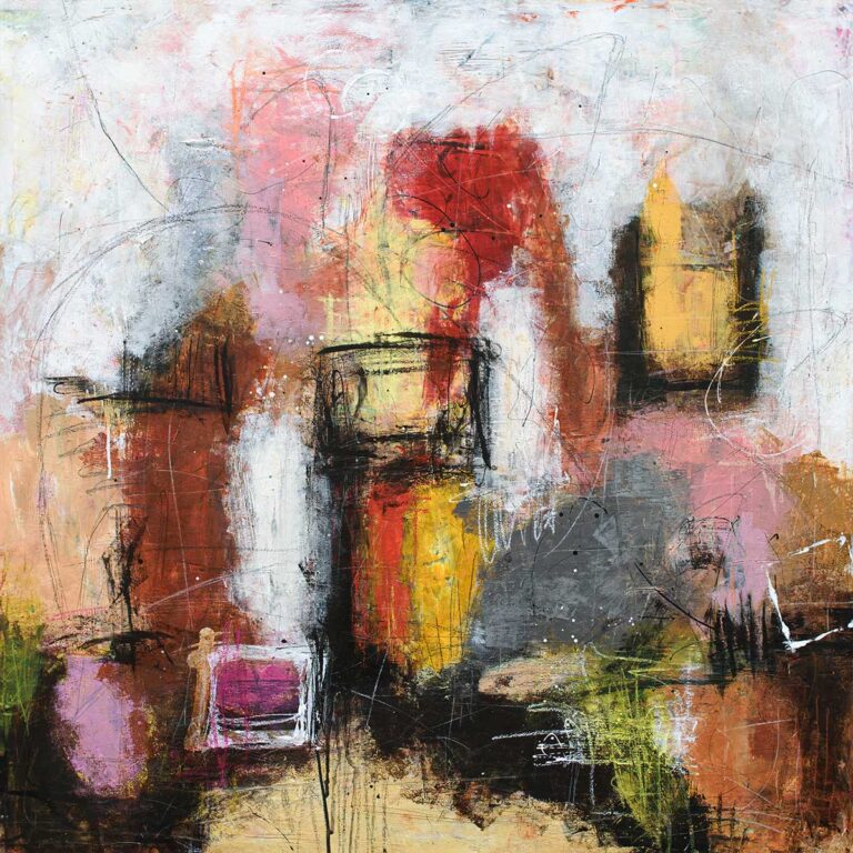 Abstrakte malerier med dæmpede overgange og kontrolleret dybde i rød-, okker- og gråtoner er især velegnet til en afbalanceret og harmonisk indretning