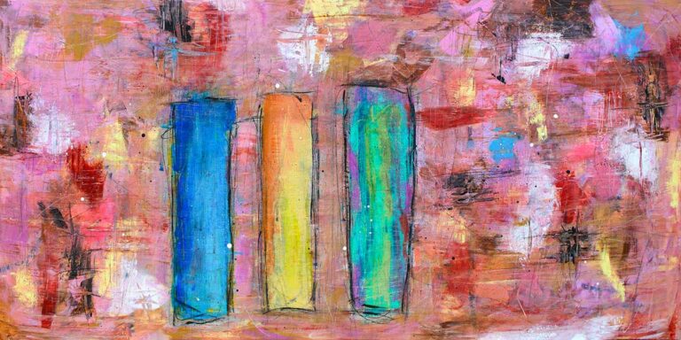 Moderne abstrakte malerier med balancerede farvefelter og kontrolleret komposition, eksklusiv vægkunst til indretning med fokus på helhed og proportion.