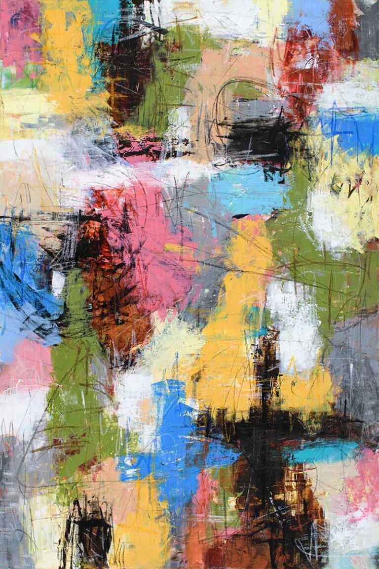 Originale malerier med rolige farvefelter og lagdelt struktur, der skaber balance og sammenhæng i lyse rum med skandinavisk indretning