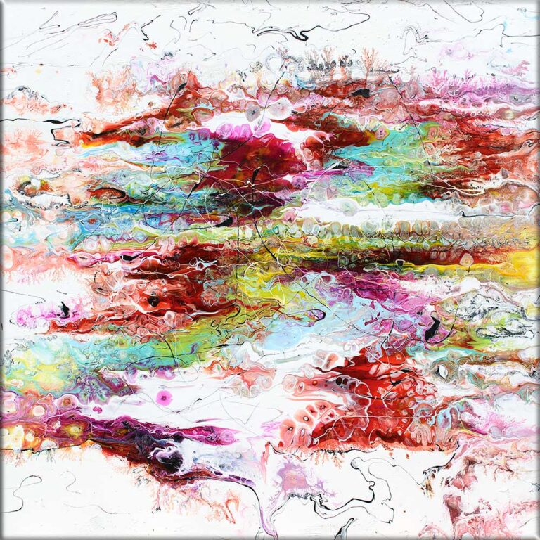 Malerier i 80x80 cm giver en rolig og tydelig løsning over en skænk i spisestuen, hvor værket får mere tilstedeværelse