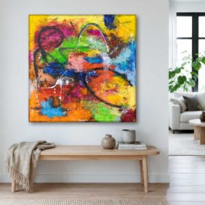 Abstrakt kunst på lærred på en lys væg over en bænk - Vivid III