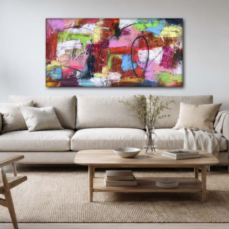 Farverigt kunst maleri i stuen placeret over sofaen - Passion II